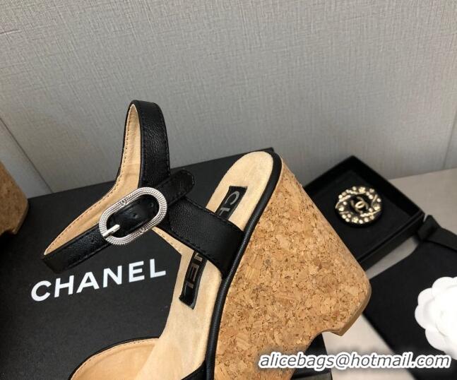 Sumptuous Chanel Calfskin Wedge Platform Sandals 8cm Black 020738