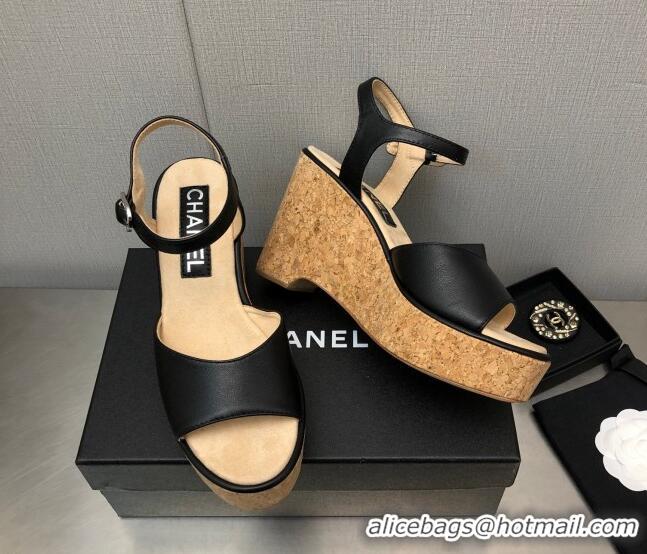 Sumptuous Chanel Calfskin Wedge Platform Sandals 8cm Black 020738