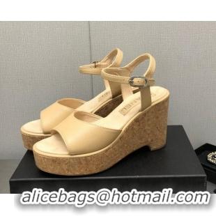 Sophisticated Chanel Calfskin Wedge Platform Sandals 8cm Beige 020739