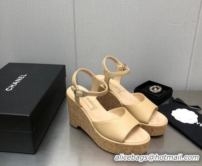 Sophisticated Chanel Calfskin Wedge Platform Sandals 8cm Beige 020739