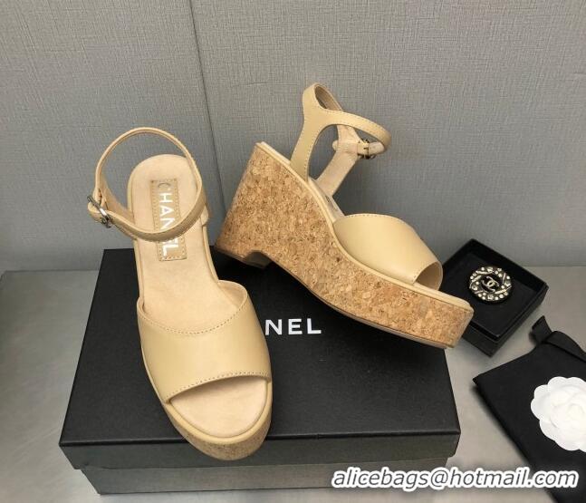 Sophisticated Chanel Calfskin Wedge Platform Sandals 8cm Beige 020739