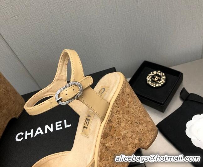 Sophisticated Chanel Calfskin Wedge Platform Sandals 8cm Beige 020739