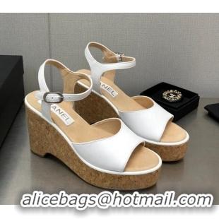 Good Quality Chanel Calfskin Wedge Platform Sandals 8cm White 020740