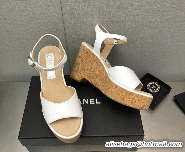 Good Quality Chanel Calfskin Wedge Platform Sandals 8cm White 020740