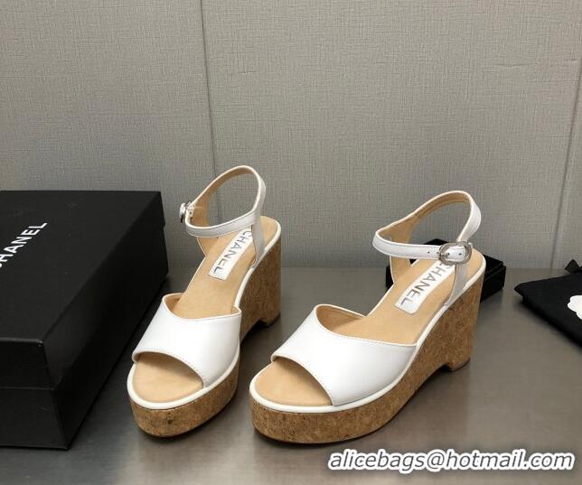 Good Quality Chanel Calfskin Wedge Platform Sandals 8cm White 020740