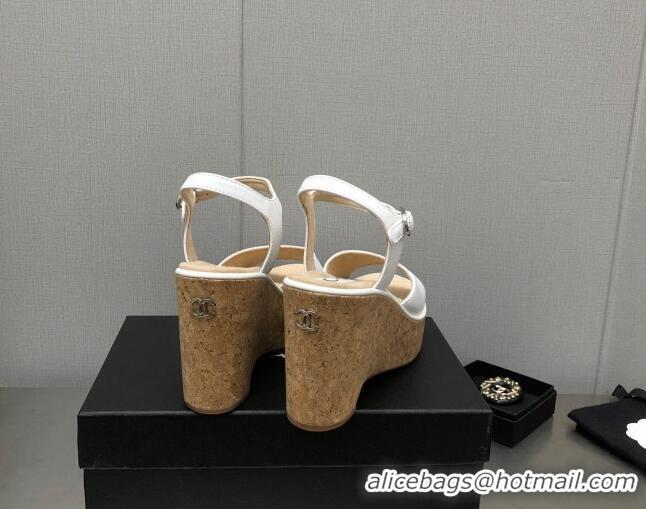 Good Quality Chanel Calfskin Wedge Platform Sandals 8cm White 020740