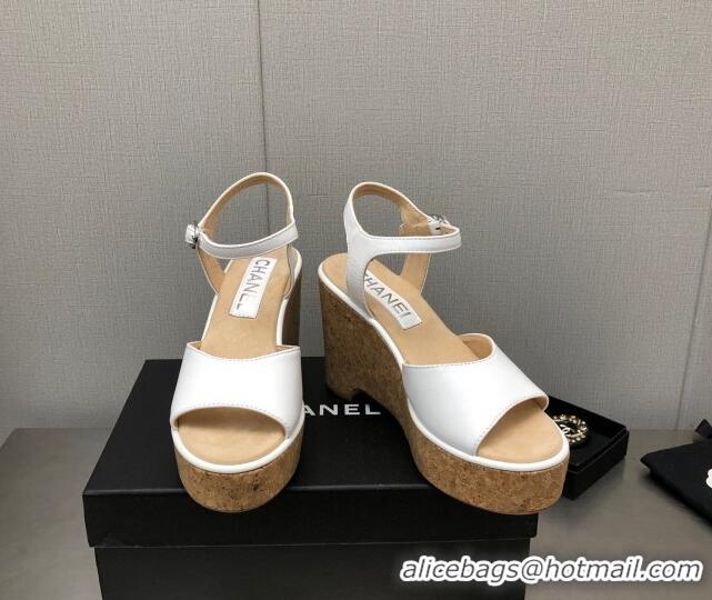 Good Quality Chanel Calfskin Wedge Platform Sandals 8cm White 020740