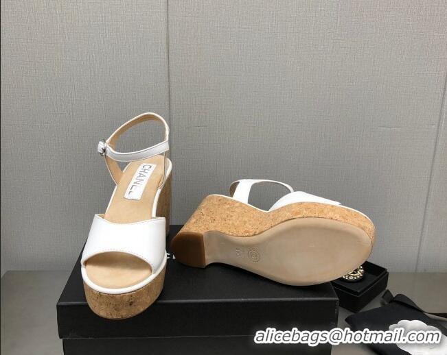 Good Quality Chanel Calfskin Wedge Platform Sandals 8cm White 020740