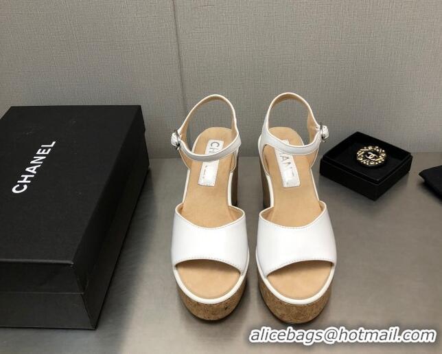 Good Quality Chanel Calfskin Wedge Platform Sandals 8cm White 020740