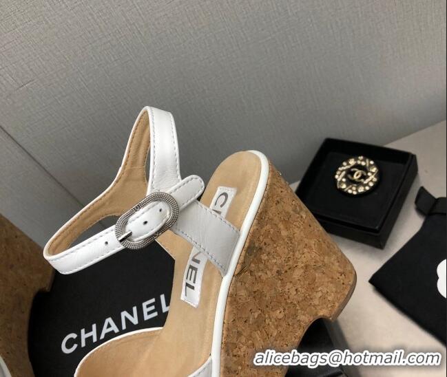 Good Quality Chanel Calfskin Wedge Platform Sandals 8cm White 020740