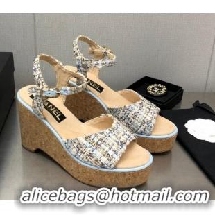 Grade Quality Chanel Tweed Wedge Platform Sandals 8cm Blue 020741