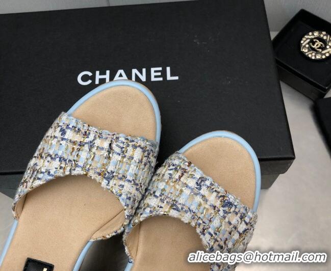 Grade Quality Chanel Tweed Wedge Platform Sandals 8cm Blue 020741