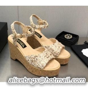 Low Cost Chanel Tweed Wedge Platform Sandals 8cm Beige 020742