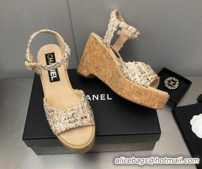 Low Cost Chanel Tweed Wedge Platform Sandals 8cm Beige 020742