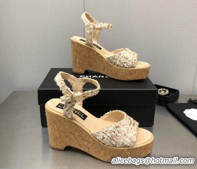 Low Cost Chanel Tweed Wedge Platform Sandals 8cm Beige 020742