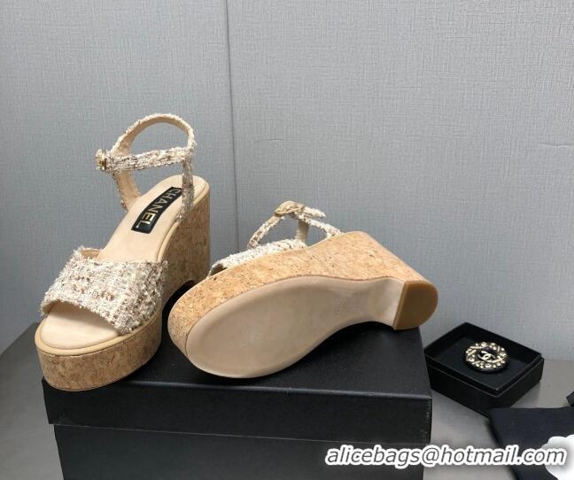 Low Cost Chanel Tweed Wedge Platform Sandals 8cm Beige 020742