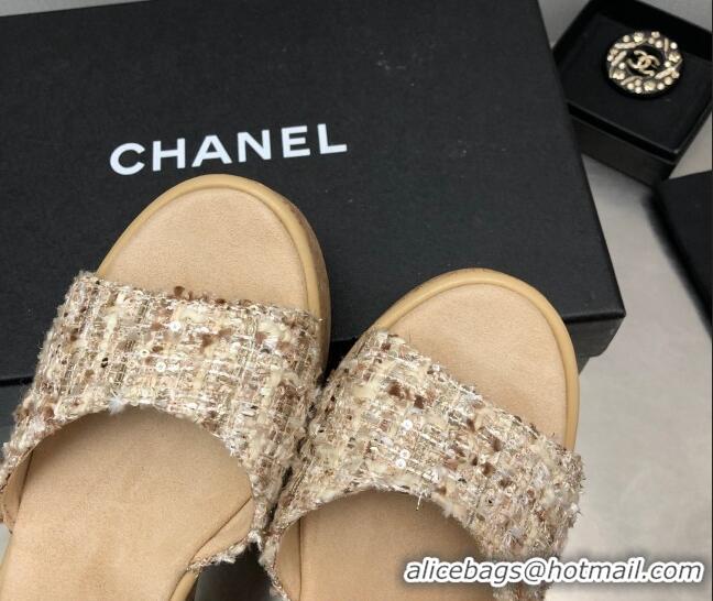 Low Cost Chanel Tweed Wedge Platform Sandals 8cm Beige 020742