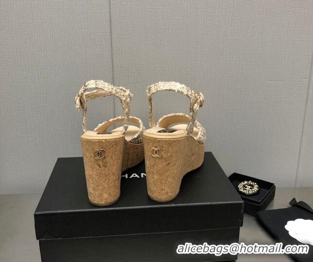 Low Cost Chanel Tweed Wedge Platform Sandals 8cm Beige 020742