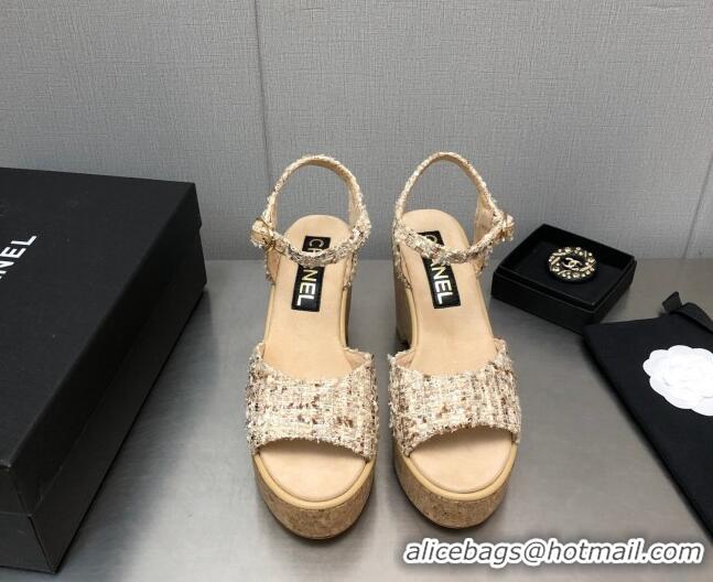 Low Cost Chanel Tweed Wedge Platform Sandals 8cm Beige 020742