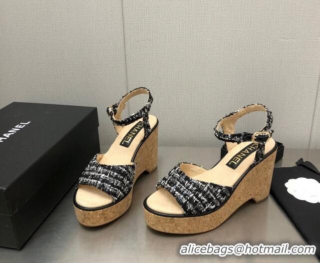 Pretty Style Chanel Tweed Wedge Platform Sandals 8cm Black 020743