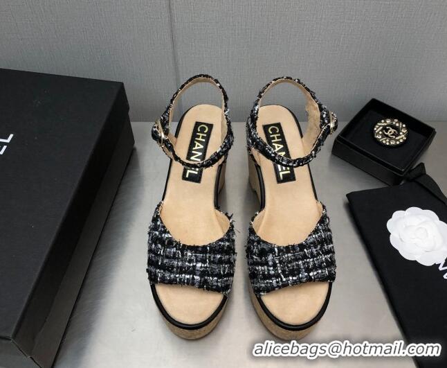 Pretty Style Chanel Tweed Wedge Platform Sandals 8cm Black 020743