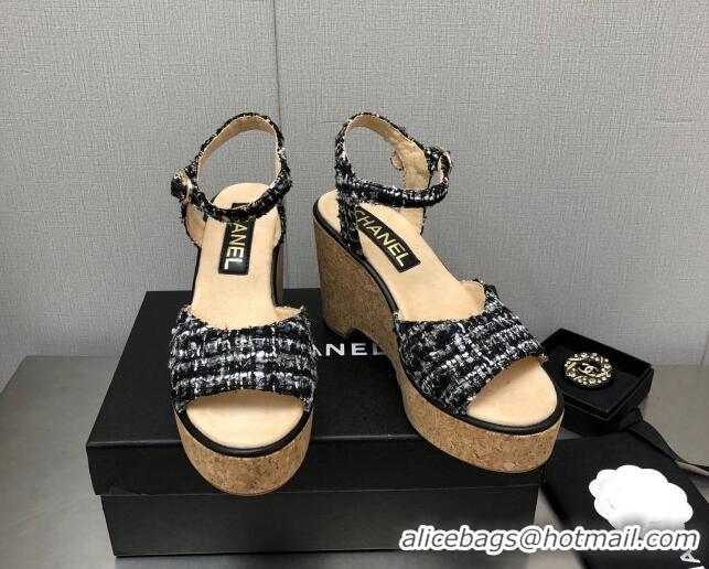 Pretty Style Chanel Tweed Wedge Platform Sandals 8cm Black 020743