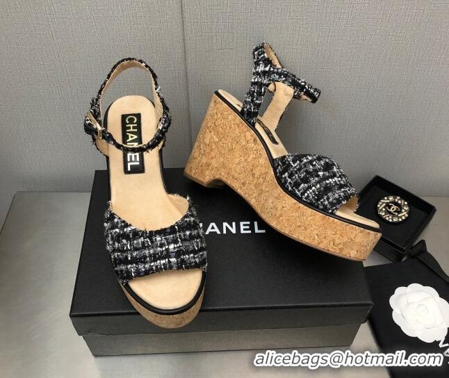 Pretty Style Chanel Tweed Wedge Platform Sandals 8cm Black 020743