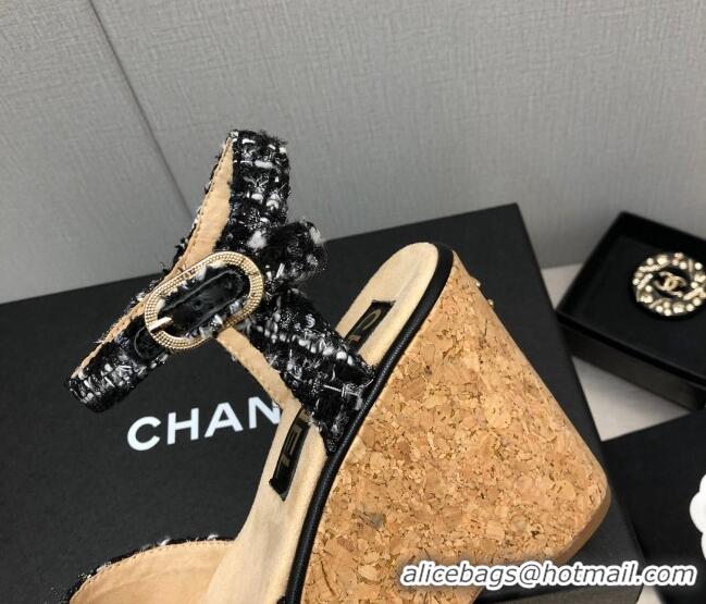 Pretty Style Chanel Tweed Wedge Platform Sandals 8cm Black 020743