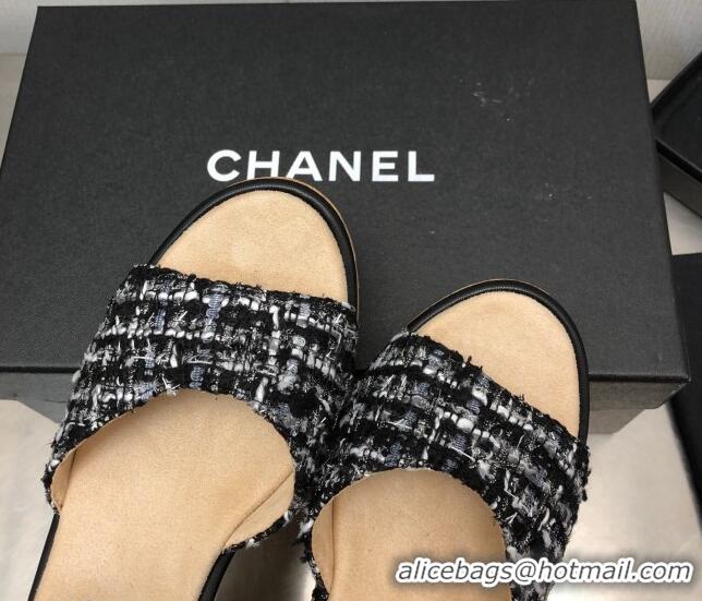 Pretty Style Chanel Tweed Wedge Platform Sandals 8cm Black 020743