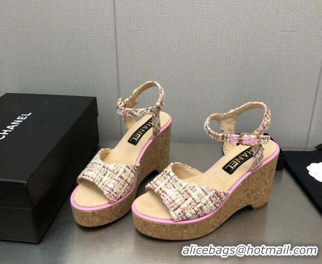 Best Grade Chanel Tweed Wedge Platform Sandals 8cm Pink 020744