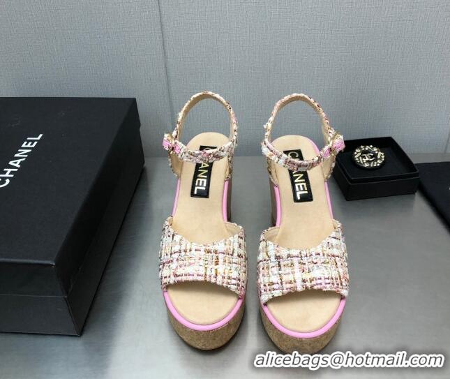 Best Grade Chanel Tweed Wedge Platform Sandals 8cm Pink 020744