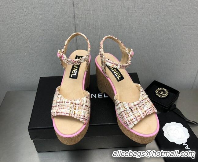 Best Grade Chanel Tweed Wedge Platform Sandals 8cm Pink 020744