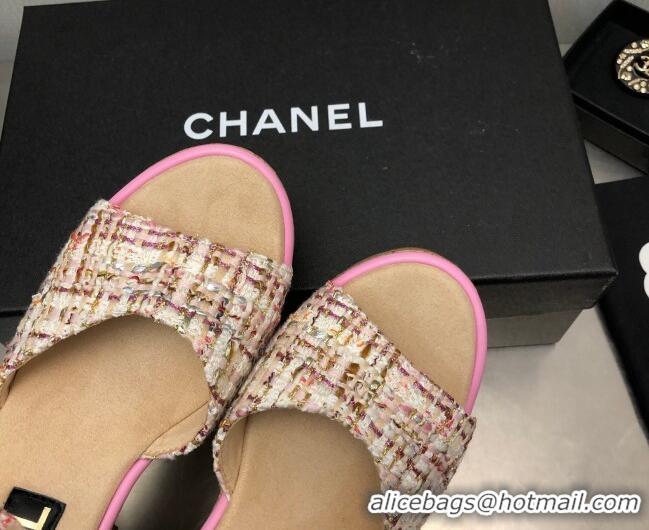 Best Grade Chanel Tweed Wedge Platform Sandals 8cm Pink 020744