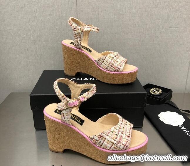 Best Grade Chanel Tweed Wedge Platform Sandals 8cm Pink 020744