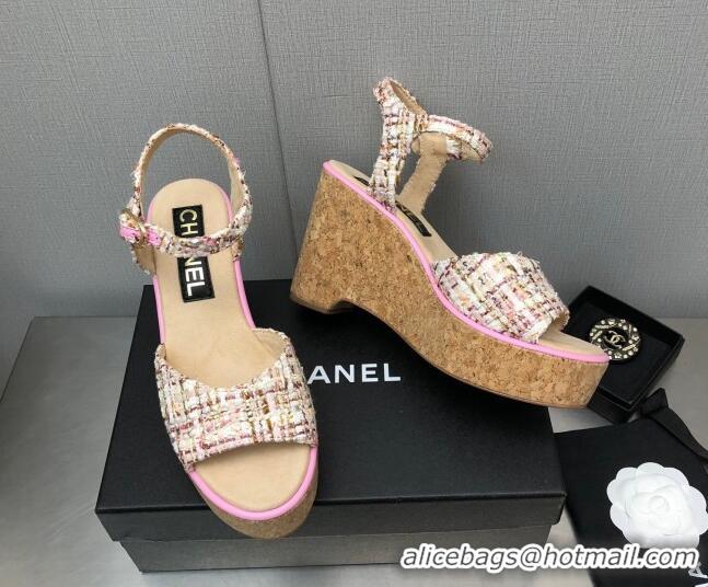 Best Grade Chanel Tweed Wedge Platform Sandals 8cm Pink 020744