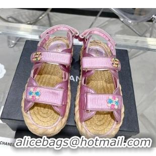 Purchase Chanel Pleated Strap Flat Sandals with Stones G35927 Pink 020745