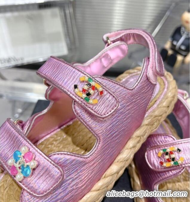 Purchase Chanel Pleated Strap Flat Sandals with Stones G35927 Pink 020745