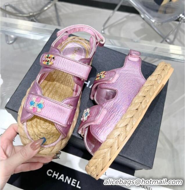 Purchase Chanel Pleated Strap Flat Sandals with Stones G35927 Pink 020745