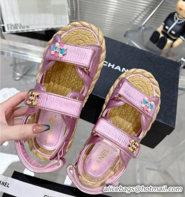 Purchase Chanel Pleated Strap Flat Sandals with Stones G35927 Pink 020745