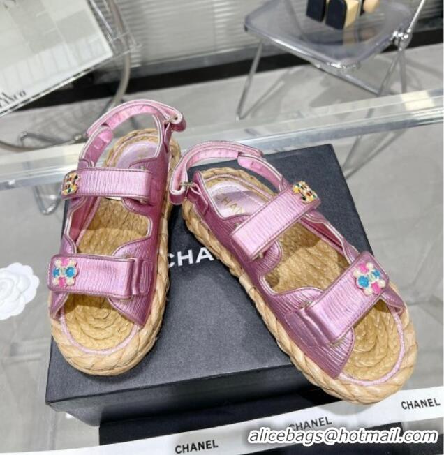 Purchase Chanel Pleated Strap Flat Sandals with Stones G35927 Pink 020745