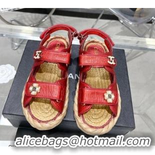 Good Looking Chanel Pleated Strap Flat Sandals with Stones G35927 Red 020746