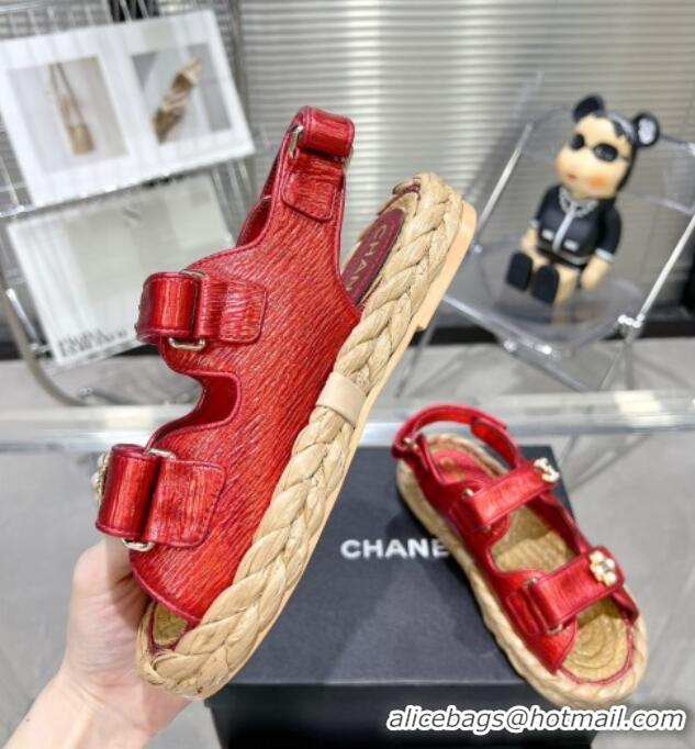 Good Looking Chanel Pleated Strap Flat Sandals with Stones G35927 Red 020746