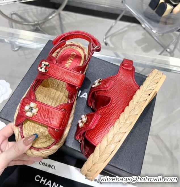 Good Looking Chanel Pleated Strap Flat Sandals with Stones G35927 Red 020746