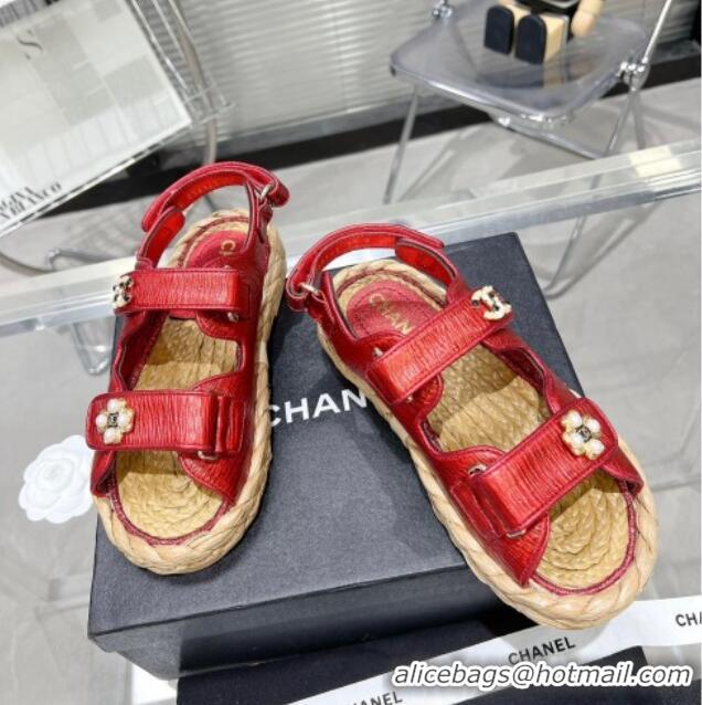 Good Looking Chanel Pleated Strap Flat Sandals with Stones G35927 Red 020746