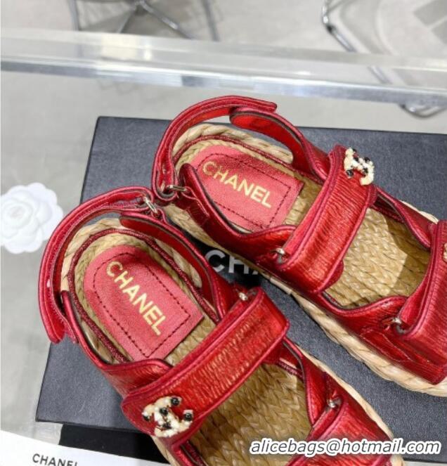 Good Looking Chanel Pleated Strap Flat Sandals with Stones G35927 Red 020746