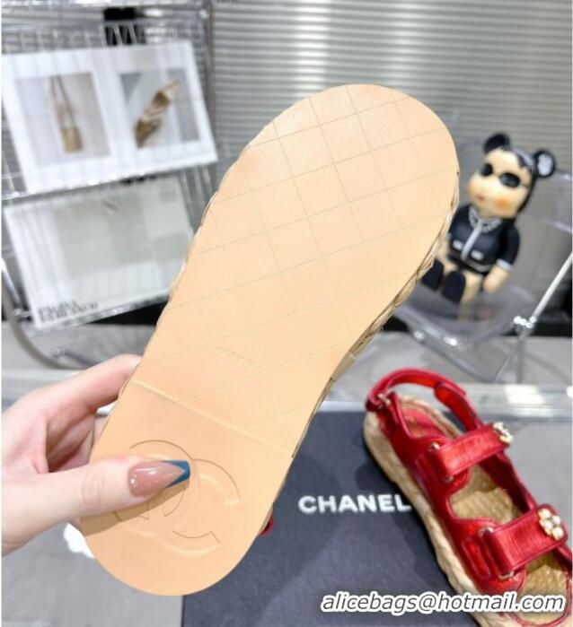 Good Looking Chanel Pleated Strap Flat Sandals with Stones G35927 Red 020746