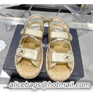 Low Price Chanel Pleated Strap Flat Sandals with Stones G35927 Gold 020747