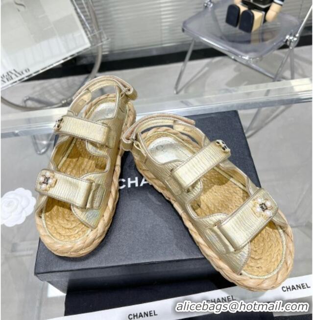 Low Price Chanel Pleated Strap Flat Sandals with Stones G35927 Gold 020747