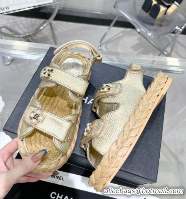 Low Price Chanel Pleated Strap Flat Sandals with Stones G35927 Gold 020747