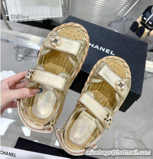 Low Price Chanel Pleated Strap Flat Sandals with Stones G35927 Gold 020747